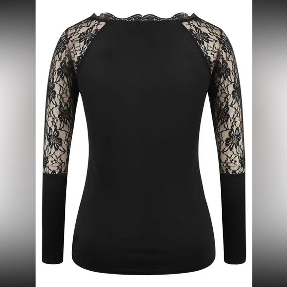 Black Lace Contrast V-Neck Top - Chic, Stretchy Long Sleeve Pullover Tie… - Picture 4 of 7